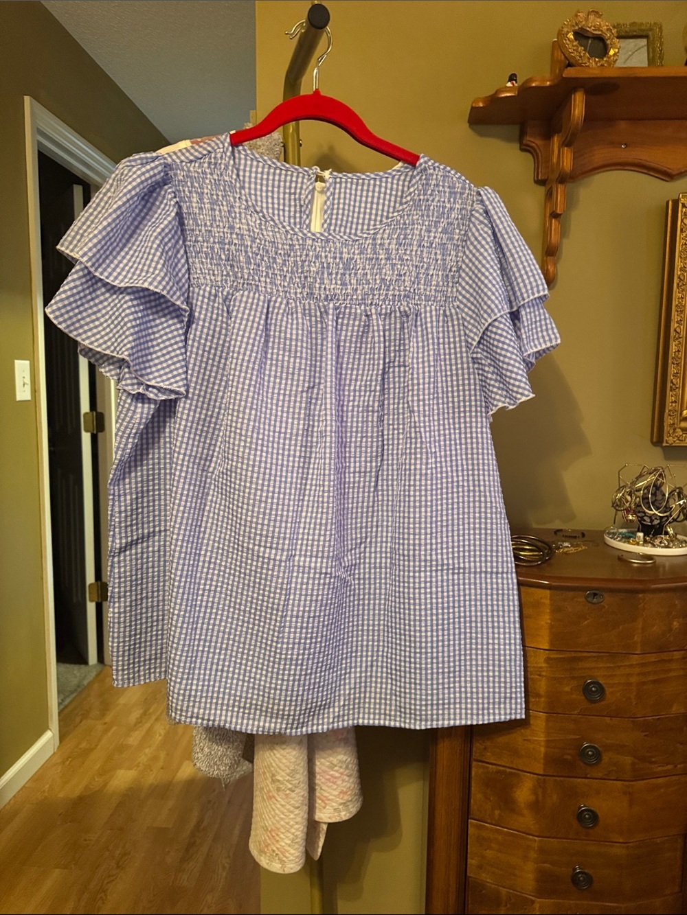 SHEIN Blue Gingham Ruffle Sleeve Blouse
